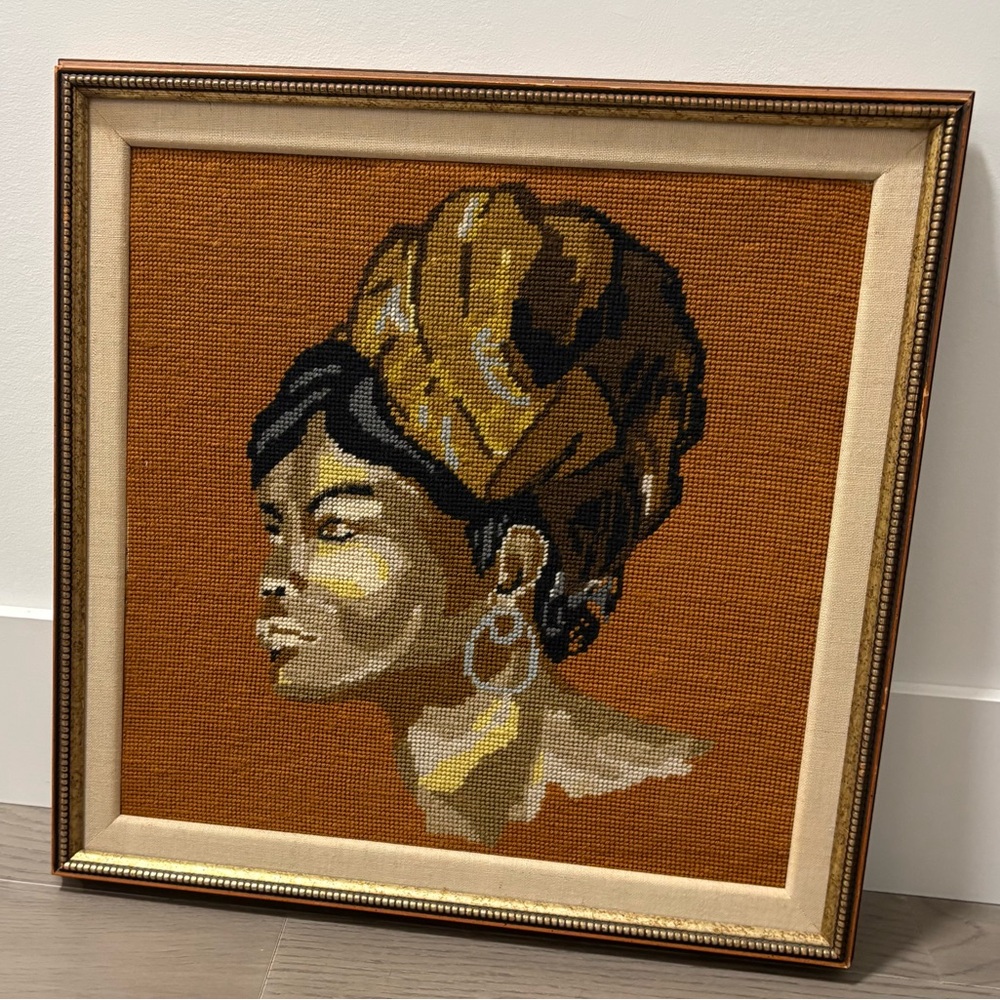 Vintage‎ African American Tapestry Cross Stitch Needlepoint Black Woman Framed